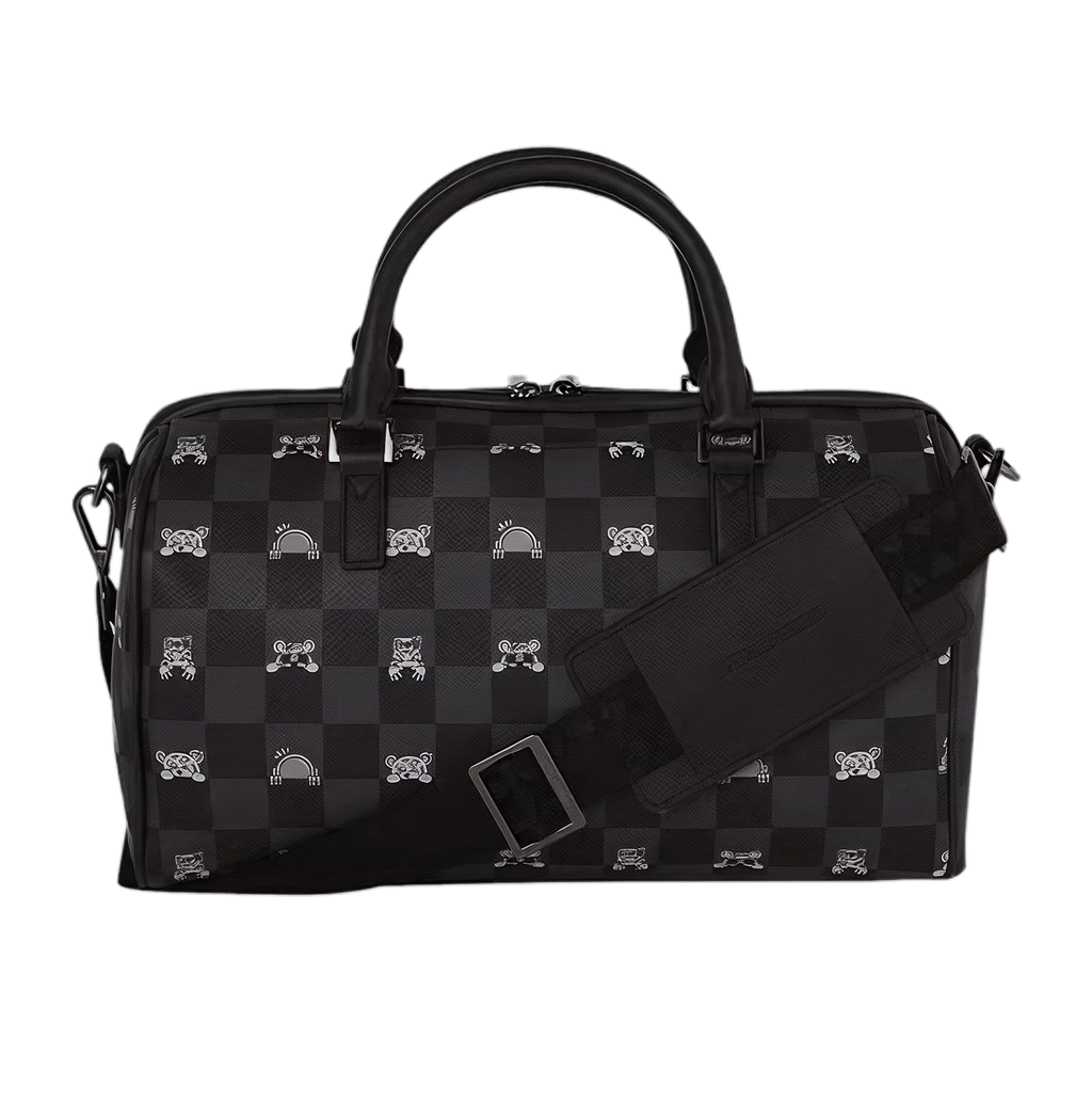SPRAYGROUND GRAY PEEKING CHARACTER CHECK MINI DUFFLE