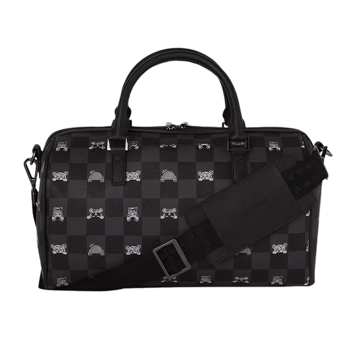 SPRAYGROUND GRAY PEEKING CHARACTER CHECK MINI DUFFLE