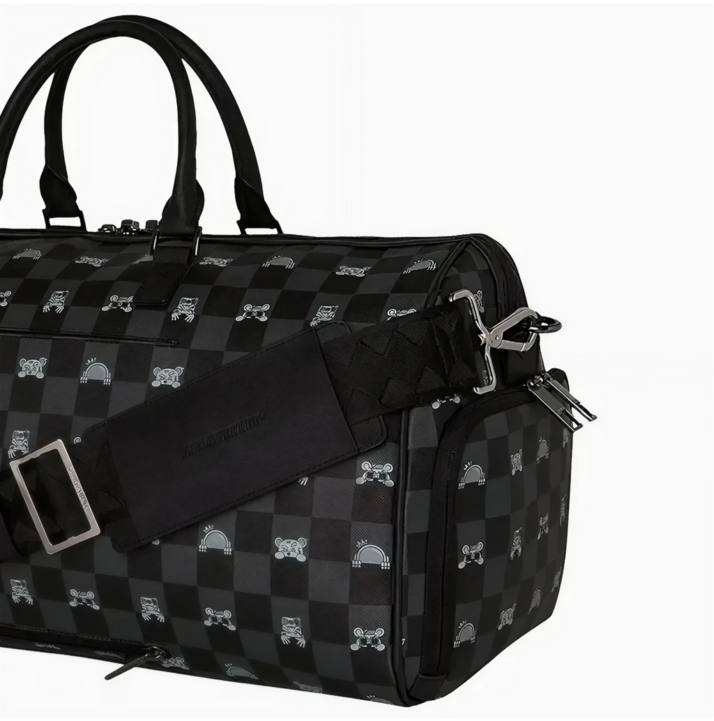 SPRAYGROUND GRAY PEEKING CHARACTER CHECK MINI DUFFLE