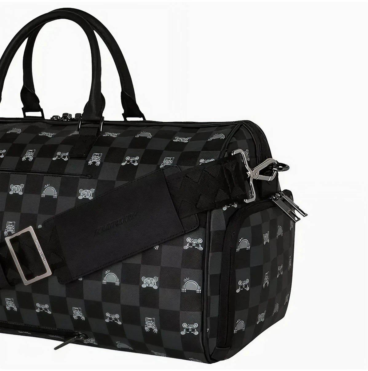 SPRAYGROUND GRAY PEEKING CHARACTER CHECK MINI DUFFLE