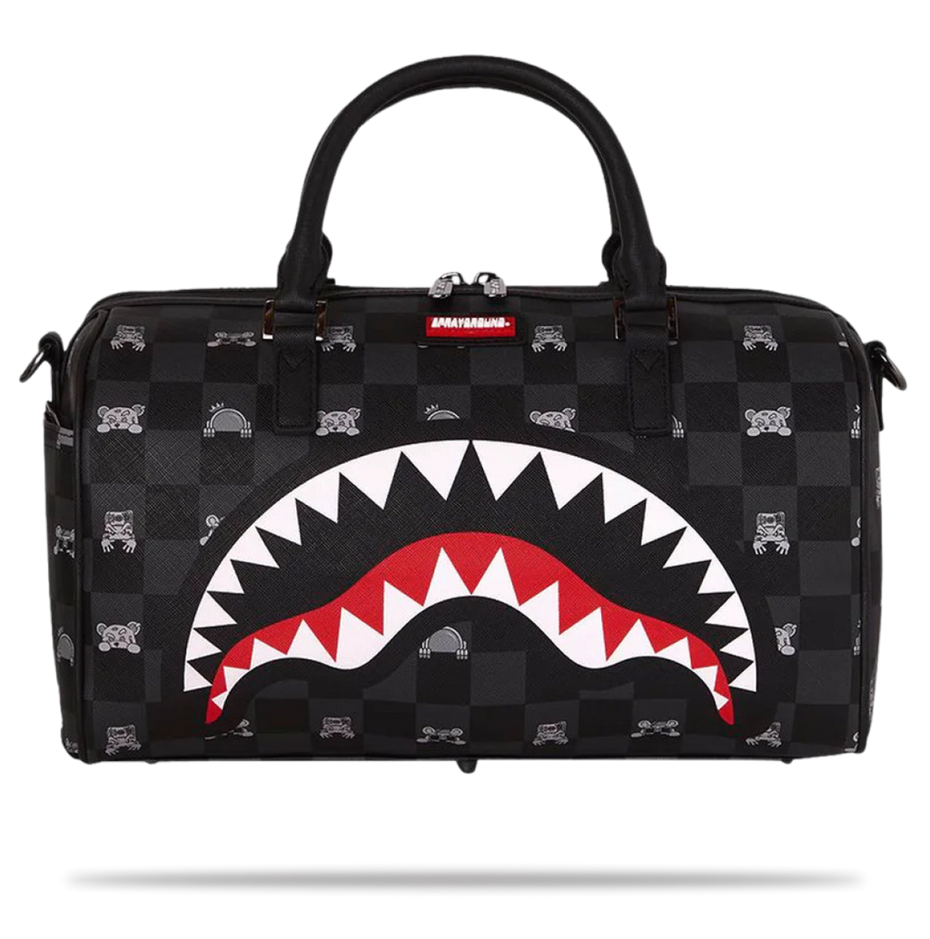 SPRAYGROUND GRAY PEEKING CHARACTER CHECK MINI DUFFLE